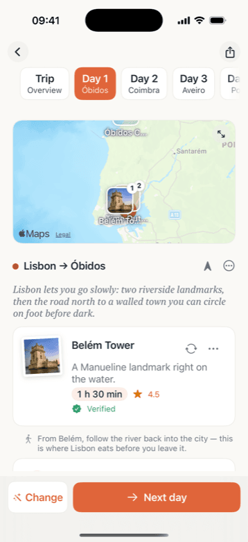 Roadanza on iPhone: one day, stop by stop