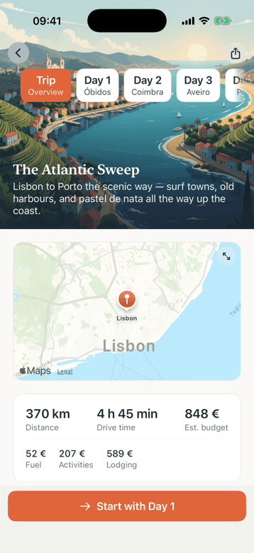 Roadanza on iPhone: the whole trip at a glance