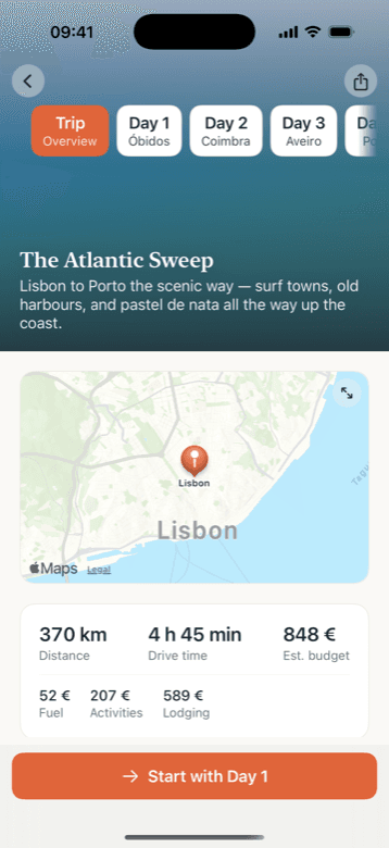 Roadanza on iPhone: the whole trip at a glance