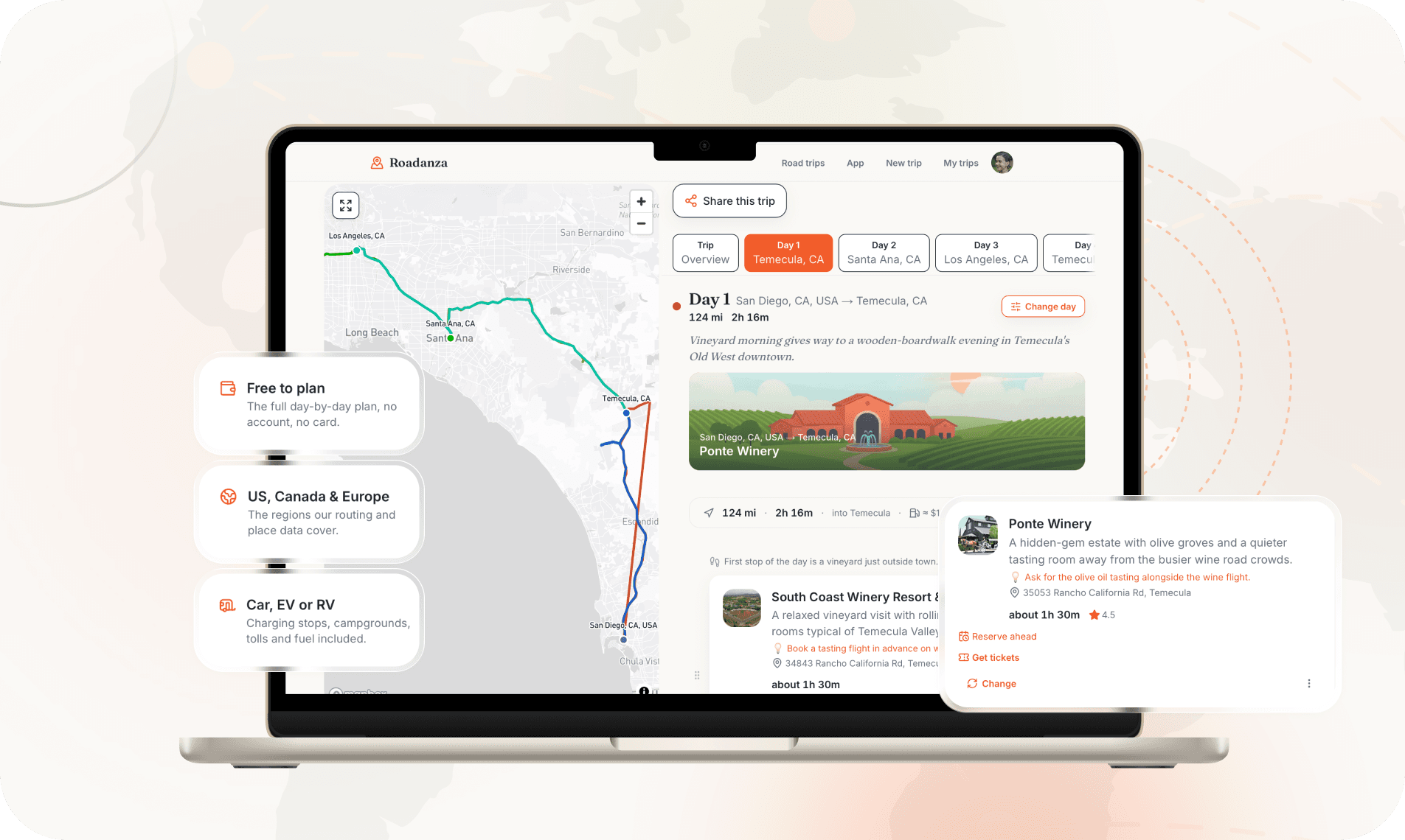 The Roadanza planner on a laptop: a Southern California trip on the map, day one in Temecula with its stops, and three notes: free to plan, US, Canada and Europe, car, EV or RV.